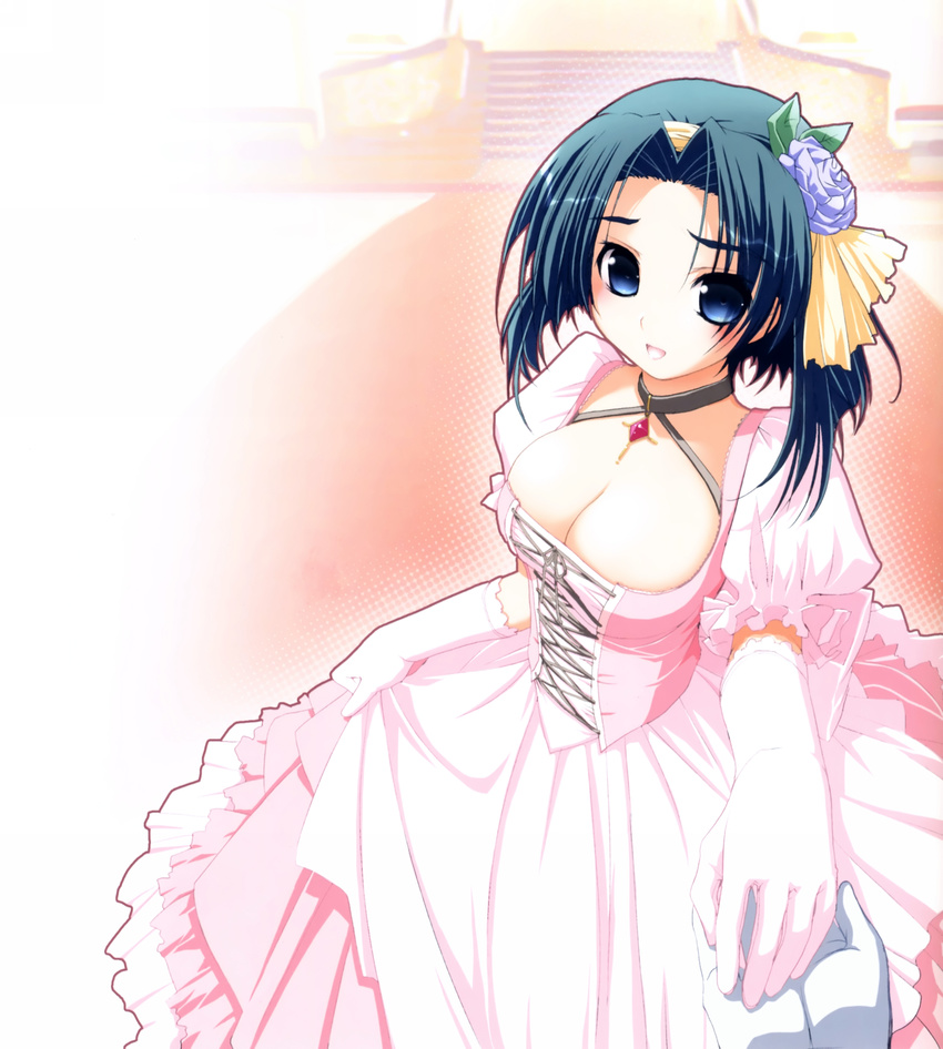 :d absurdres akata_itsuki aqua_hair atilene blue_eyes breasts cleavage dress female flower foreshortening gloves hair_flower hair_ornament highres hime-sama_ririshiku! jewelry large_breasts necklace open_mouth photoshop_(medium) short_hair smile solo wedding_dress