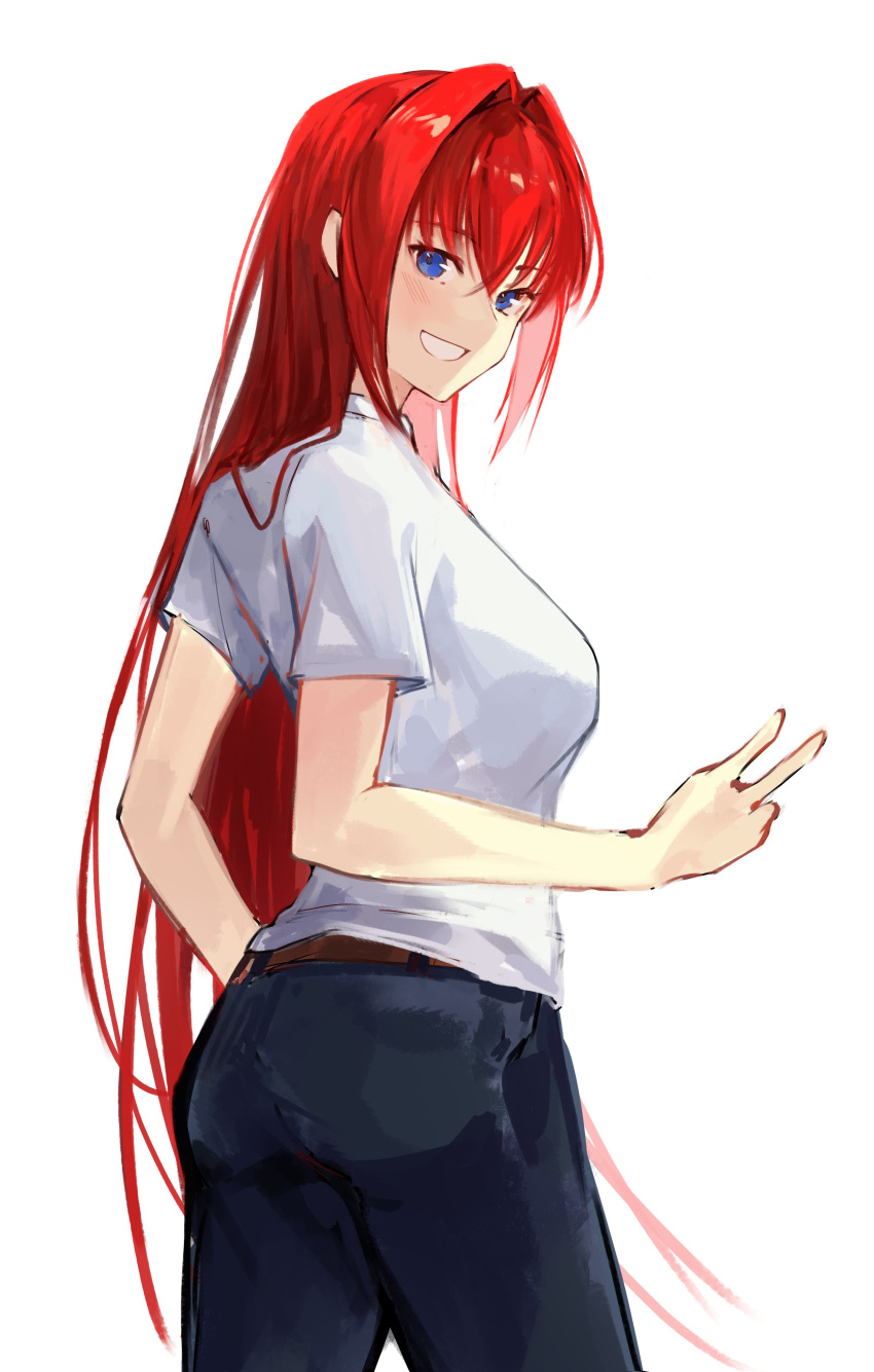 absurdres aozaki_aoko ass belt blue_eyes blush breasts denim female grin hair_intakes highres jeans large_breasts long_hair looking_at_viewer mahou_tsukai_no_yoru navel pants red_eyes shirt short_sleeves sidelocks smile solo thighs v very_long_hair white_shirt yotsutsu428