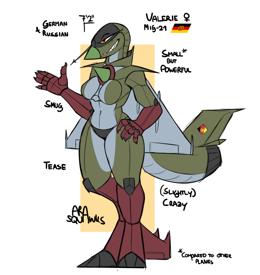 absurd_res aircraft airplane anthro ara_squawks arathemacaw female green_body grin hi_res jet living_aircraft living_machine living_vehicle machine markings metallic_body mig-21 model_sheet smile solo teeth valerie_(arathemacaw) vehicle