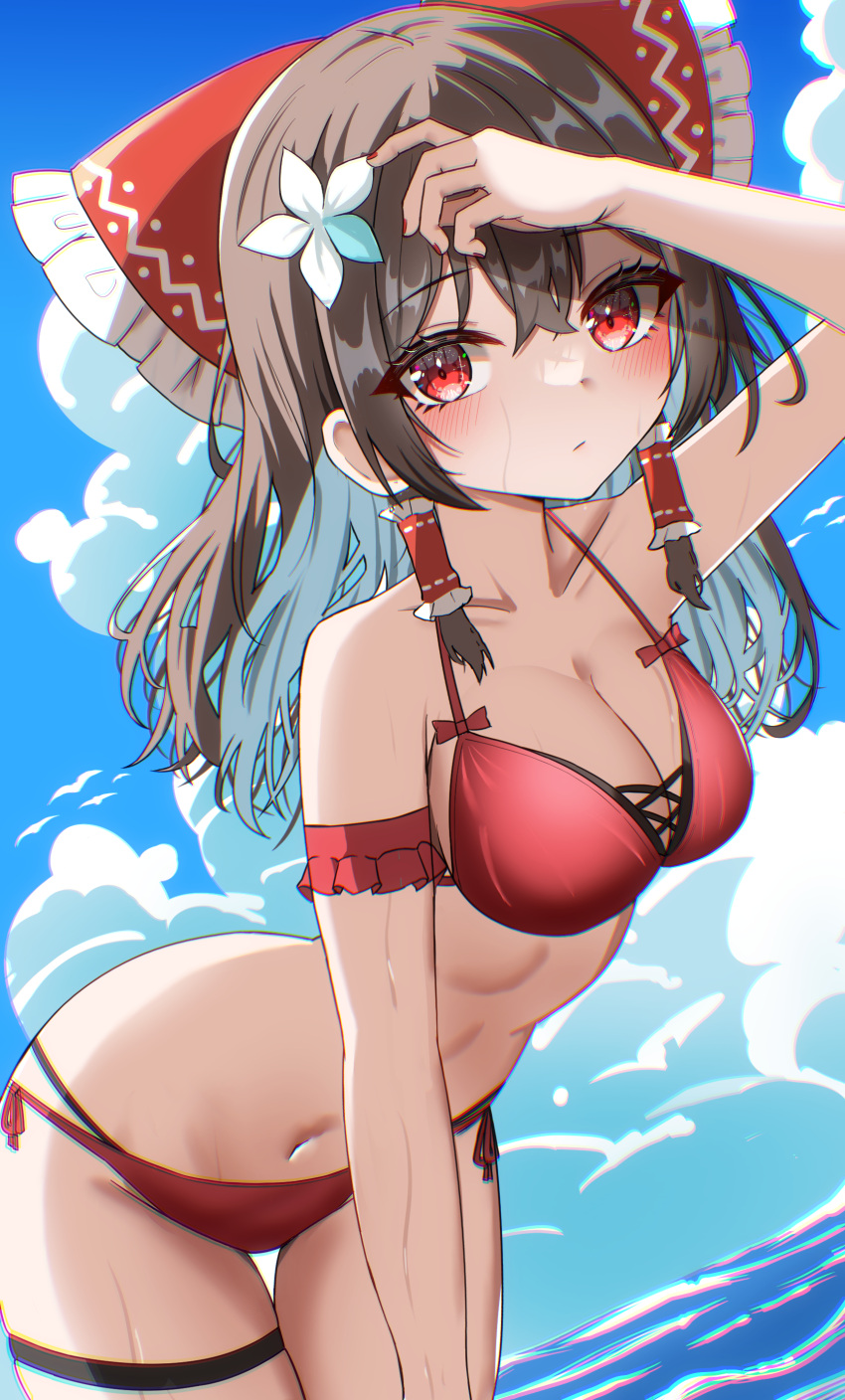 absurdres alternate_costume bikini blue_sky blush bow brown_hair closed_mouth cloud collarbone commentary_request day female flower frilled_bow frilled_hair_tubes frills hair_flower hair_ornament hair_tubes hairbow hakurei_reimu highres kiui_(dagk8254) long_hair looking_at_viewer midriff navel paid_reward_available red_bikini red_bow red_eyes sky solo swimsuit touhou water white_flower