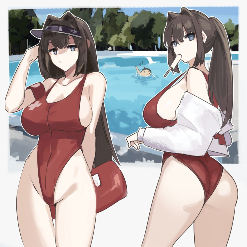 1boy alternate_costume aozaki_aoko ass blue_eyes brown_hair cameltoe cross female food hair_intakes highres jonyeld lifeguard long_hair mahou_tsukai_no_yoru one-piece_swimsuit pool poolside popsicle red_one-piece_swimsuit swimsuit visor_cap