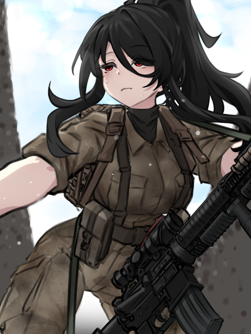 absurdres assault_rifle backpack bag bandit-chan_(k0ng) black_hair brown_bag brown_jacket brown_pants camouflage camouflage_jacket camouflage_pants closed_mouth cowboy_shot english_commentary female gun highres jacket k0ng long_hair m16 m16a4 messy_hair original pants ponytail pouch red_eyes rifle sleeves_rolled_up solo sweat weapon