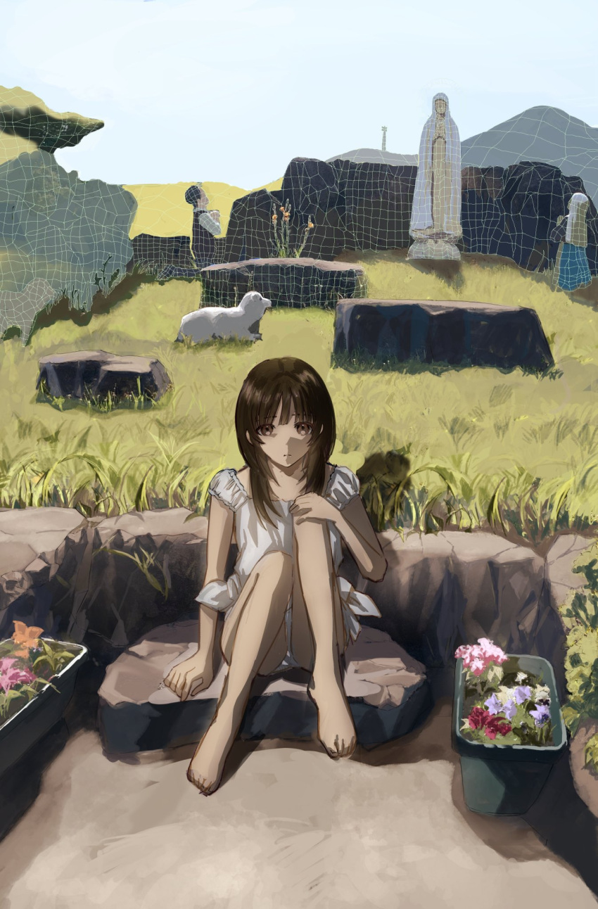 1boy 2girls akari_kudo bare_arms bare_legs barefoot brown_hair closed_mouth day dress flower flower_pot grass hand_on_own_knee highres lamb long_hair looking_at_viewer multiple_girls nun orange_flower original outdoors panties pink_flower plant praying purple_flower red_flower rock sheep short_sleeves sitting sky statue underwear white_dress white_panties