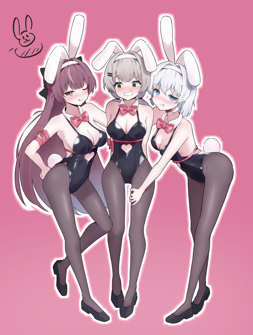 3girls ;q absurdres animal_ears arm_ribbon bare_shoulders black_bow black_footwear black_leotard blue_eyes blush bow bowtie breasts bright_pupils brown_hair clothing_cutout cutout_above_navel fake_animal_ears gosegu green_eyes grey_pantyhose grin hair_intakes hair_ornament hairband hairbow hairclip heart_cutout highleg highleg_leotard highres jururu leotard long_hair looking_at_viewer low_twintails medium_breasts mole mole_on_armpit mole_on_breast multicolored_hair multiple_girls nervous_smile nose_blush one_eye_closed pantyhose pink_background pink_bow pink_bowtie pink_ribbon playboy_bunny purple_eyes purple_hair rabbit_ears rabbit_hole_(vocaloid) rabbit_tail ribbon selectionchoco short_hair smile standing streaked_hair tail thigh_grab tongue tongue_out traditional_bowtie twintails very_long_hair viichan waktaverse white_hair white_hairband white_pupils wince