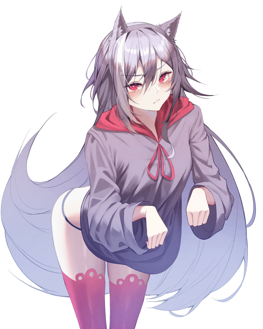 absurdres animal_ears black_panties breasts cat_ears female fu_hua fu_hua_(herrscher_of_sentience) grey_hair grey_sweater hair_between_eyes highres honkai_(series) honkai_impact_3rd jinnnnnn23 long_hair looking_at_viewer no_pants panties paw_pose red_eyes red_thighhighs small_breasts sweater thighhighs underwear very_long_hair white_background