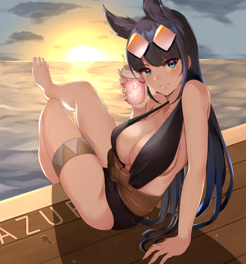 absurdres animal_ears azur_lane bare_shoulders barefoot black_hair black_one-piece_swimsuit blue_eyes breasts cleavage eyewear_on_head female haneramu highres kii_(azur_lane) kii_(poolside_persuasion)_(azur_lane) large_breasts long_hair looking_at_viewer looking_back official_alternate_costume one-piece_swimsuit outdoors sideboob sitting solo sunset swimsuit thigh_strap tinted_eyewear