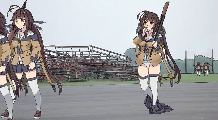 5girls antenna_hair battle_rifle bleachers blush breasts brown_hair clone derivative_work full_metal_jacket girls'_frontline gun holding holding_gun holding_weapon long_hair m14 m14_(girls'_frontline) medium_breasts multiple_girls orange_eyes outdoors outstretched_arms panties parody rifle scene_reference screenshot_redraw skirt_around_ankles t-pose tab_(tabkun) thighhighs thumb_sucking underwear very_long_hair wardrobe_malfunction weapon white_panties