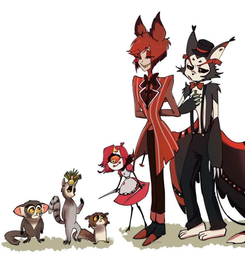 absurd_res alastor_(hazbin_hotel) animal_humanoid anthro aye-aye clothed clothing crossover cyclops deer deer_humanoid demon demon_humanoid domestic_cat dreamworks dress felid feline felis female group hazbin_hotel hi_res humanoid husk_(hazbin_hotel) king_julien lemur madagascar_(series) male mammal mammal_humanoid maurice_(madagascar) mort_(madagascar) mouse_lemur niffty_(hazbin_hotel) primate ring-tailed_lemur simple_background strepsirrhine tail wdemma white_background wings