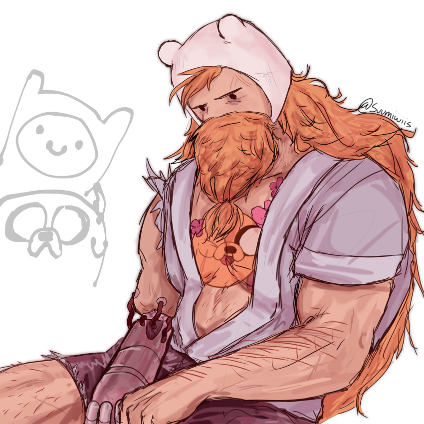 2boys adventure_time aged_up animal_ears bara beard beard_over_mouth doodle_inset facial_hair fake_animal_ears feet_out_of_frame finn_the_human hairy highres hood jake_the_dog large_pectorals looking_down male_focus mature_male multiple_boys muscular muscular_male open_clothes open_shirt pectoral_cleavage pectorals sad shorts sitting solid_circle_eyes sparse_leg_hair suumiwiis thick_arm_hair tied_beard white_background