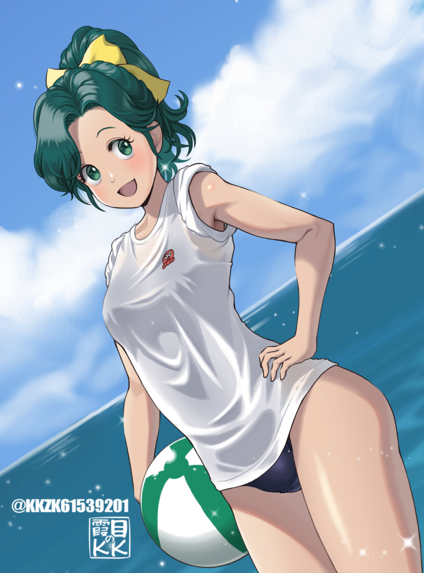 artist_logo ball beachball black_one-piece_swimsuit breasts day female green_hair high_school!_kimengumi highres holding holding_ball holding_beachball kkzk61539201 long_hair looking_at_viewer ocean one-piece_swimsuit outdoors ponytail ribbon small_breasts smile solo swimsuit swimsuit_under_clothes twitter_username uru_chie water