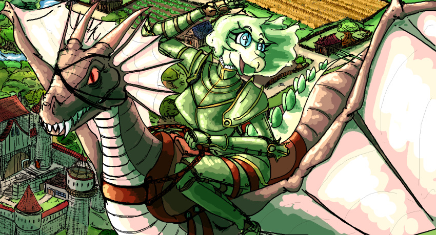 anthro armor blue_eyes castle dinosaur dragon dragon_rider duo faustanon female goodbye_volcano_high green_hair hair hi_res medieval medieval_armor medieval_clothing medieval_fantasy mythological_creature mythological_scalie mythology ornithischian prehistoric_species pupils red_eyes reptile scalie sharp_teeth slit_pupils stegosaurian stegosaurus stella_(gvh_beta) teeth thyreophoran wings