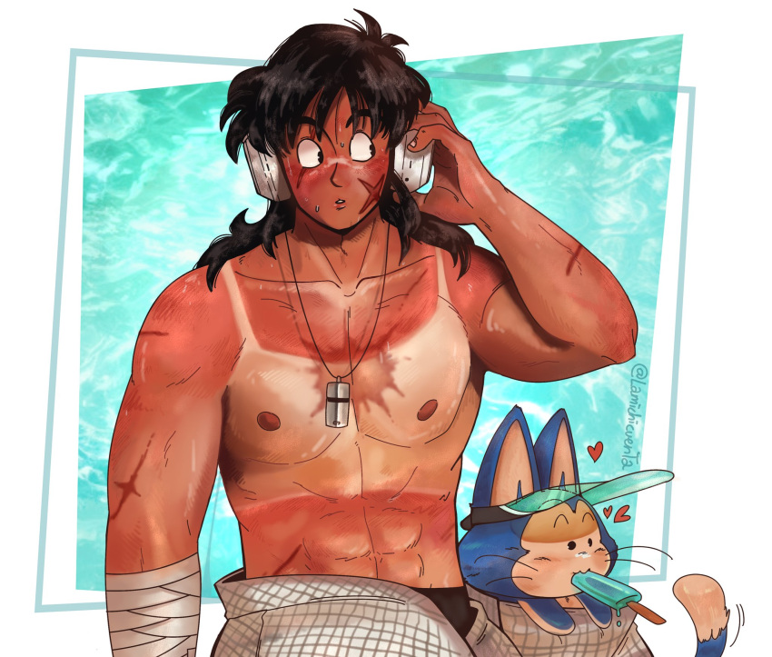 2boys abs alternate_costume bandaged_arm bandages bara black_hair cowboy_shot cross_scar dragon_ball headphones heart highres lamichicuenta large_pectorals long_hair male_focus meme multiple_boys muscular muscular_male navel nipples parted_lips pectorals puar scar simple_background standing stomach sunburn tail tail_wagging tank_top_sunburn_(meme) topless_male white_background yamcha