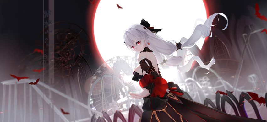 0v0 absurdres amusement_park bare_shoulders bat_(animal) black_dress black_ribbon breasts dress earrings female ferris_wheel full_moon hair_between_eyes hair_ribbon highres honkai_(series) honkai_impact_3rd incredibly_absurdres jewelry large_breasts long_hair looking_at_viewer looking_back moon night night_sky outdoors red_eyes ribbon sideboob sky theresa_apocalypse theresa_apocalypse_(luna_kindred) theresa_apocalypse_(lunar_vow:_crimson_love) too_many too_many_bats white_hair