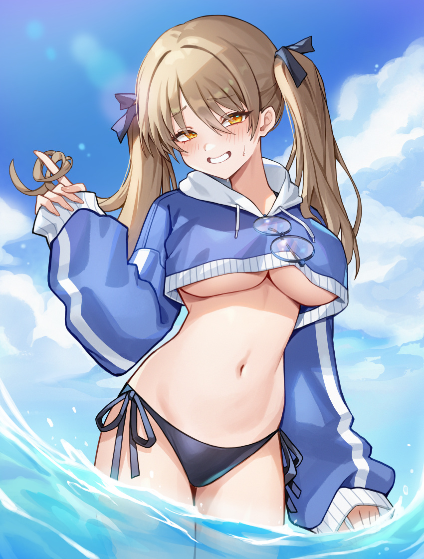 absurdres bikini black_bikini black_bikini_bottom blue_archive blue_hoodie breasts brown_hair cowboy_shot cropped_hoodie cropped_jacket eyewear_hang female highres hood hoodie looking_at_viewer moe_(blue_archive) moe_(swimsuit)_(blue_archive) no_halo official_alternate_costume partially_submerged popoka0930 round_eyewear side-tie_bikini_bottom smile solo swimsuit twintails twirling_hair underboob unworn_eyewear