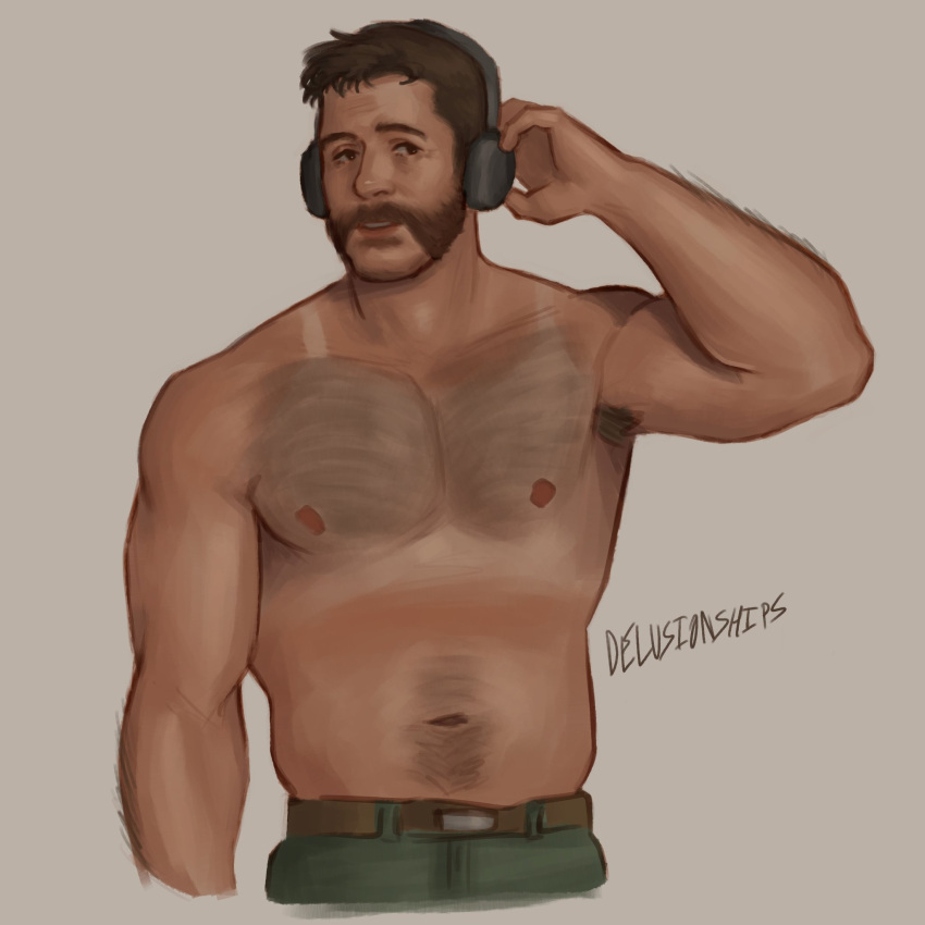 1boy arm_hair armpit_hair bara call_of_duty call_of_duty:_modern_warfare_2 captain_price chest_hair cowboy_shot cropped_legs hairy headphones highres large_pectorals lee_(infatuationship) light_smile male_focus mature_eyes mature_male meme muscular muscular_male mutton_chops navel nipples pectorals plump revision short_hair simple_background solo standing stomach tank_top_sunburn_(meme) thick_chest_hair thick_navel_hair topless_male white_background