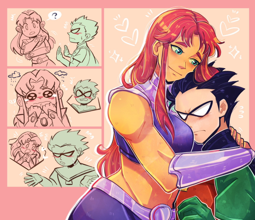 belt black_hair blush breasts cape colored_skin couple dc_comics dick_grayson domino_mask female gloves green_eyes highres hug long_hair mask muscular orange_skin pichichustudio red_hair robin_(dc) short_hair skirt smile starfire straight superhero_costume teen_titans