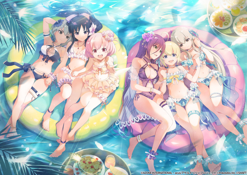 6+girls :d ahoge amano_soraha ankle_garter anklet arm_at_side arm_behind_head arm_strap arm_up armlet armpit_crease assault_lily bare_arms bare_shoulders barefoot bikini bikini_skirt black_bikini black_hair blonde_hair blue_bikini blue_bow blue_eyes blue_flower blue_ribbon bow bow_bikini bracelet breasts bridal_garter brown_eyes casual_one-piece_swimsuit cleavage cleavage_cutout closed_mouth clothing_cutout cocktail collarbone commentary_request crossed_legs cup day drinking_glass egawa_kusumi falling_feathers feathers flower food frilled_bikini frills from_above front-tie_bikini_top front-tie_top fruit girl_sandwich green_eyes grey_eyes grey_hair hair_between_eyes hair_bun hair_flower hair_ornament hair_ribbon hairbow halterneck hand_in_own_hair hands_up hibiscus highres hitotsuyanagi_riri holding_hands inflatable_raft interlocked_fingers jewelry kawazoe_misuzu kiwi_(fruit) kiwi_slice knee_up leg_ribbon long_bangs long_hair looking_ahead looking_at_another looking_at_viewer looking_to_the_side looking_up lying maki_wakana medium_breasts melon melon_slice multi-strapped_bikini_bottom multiple_girls navel necklace off_shoulder official_alternate_costume official_alternate_hairstyle official_art on_back one-piece_swimsuit open_mouth orange_(fruit) orange_slice outdoors outstretched_arm palm_leaf parted_lips pearl_bracelet pearl_necklace pendant pink_eyes pink_flower pink_hair plaid_bikini plaid_clothes plate ponytail purple_bow purple_eyes purple_flower purple_hair purple_one-piece_swimsuit ribbon sandwiched see-through shade shadow shirai_yuyu short_hair side-by-side side-tie_swimsuit side_cutout sideboob sidelocks single_hair_bun sitting small_breasts smile stomach stomach_cutout sunlight swimsuit swimsuit_cover-up teeth thigh_gap thigh_ribbon thigh_strap thighlet two-tone_bikini upper_teeth_only very_long_hair water watermark white_bikini white_bow white_feathers white_ribbon yellow_bikini yellow_bow yellow_flower