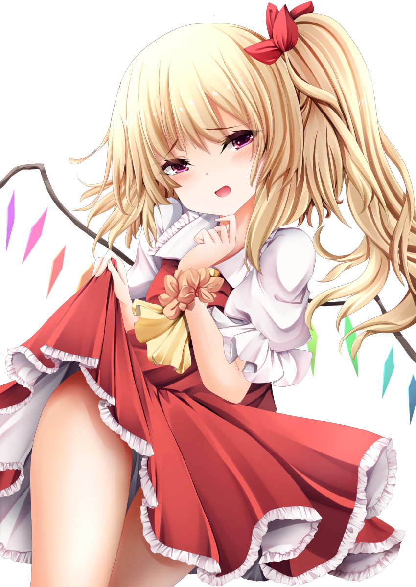 absurdres ascot blonde_hair blush collared_shirt feet_out_of_frame female flandre_scarlet frilled_shirt_collar frilled_skirt frilled_sleeves frills head_tilt highres kitora_(kisekinonameko) looking_at_viewer medium_hair multicolored_wings no_headwear one_side_up open_mouth puffy_short_sleeves puffy_sleeves red_skirt red_vest shirt short_sleeves simple_background skirt skirt_set solo touhou vest white_background white_shirt wings yellow_ascot