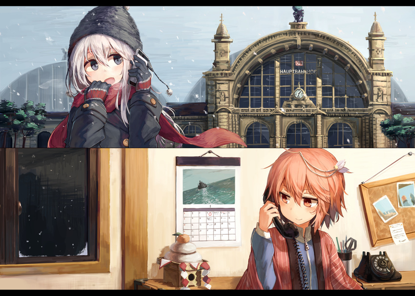 2girls ahoge alternate_costume antique_phone architecture beize_(garbage) blonde_hair blush bulletin_board buttons calendar_(object) cellphone clock clothes_grab coat commentary dial food frankfurt gloves hair_between_eyes hair_ornament hanten_(clothes) i-58_(kancolle) jacket kagami_mochi kantai_collection letterboxed long_hair mochi multiple_girls ocean phone pink_hair postcard red_scarf rotary_phone scarf scissors ship short_hair smartphone smile snowing stationery track_jacket train_station tree u-511_(kancolle) wagashi water watercraft zipper