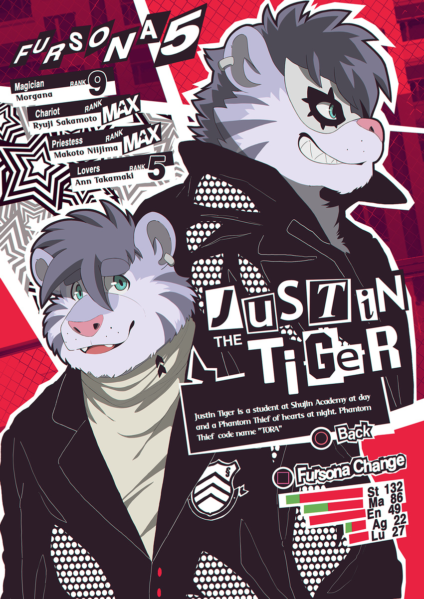 anthro atlus barazoku clothing ear_piercing felid hi_res jaokuma justin_(ieaden) kemono male mammal mask megami_tensei megami_tensei_persona pantherine phantom_thieves piercing poster sega solo tiger