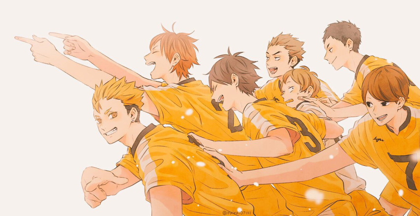 6+boys arms_up bad_id bad_twitter_id black_hair blonde_hair bobata_kazuma brown_hair closed_eyes futamata_takeharu grin haikyuu!! higashiyama_katsumichi izaka_nobuyoshi jersey male_focus multicolored_hair multiple_boys numajiri_rintarou pointing pushing ruirui07131 short_hair smile sportswear sweatdrop teeth terushima_yuuji tsuchiyu_arata two-tone_hair volleyball_uniform