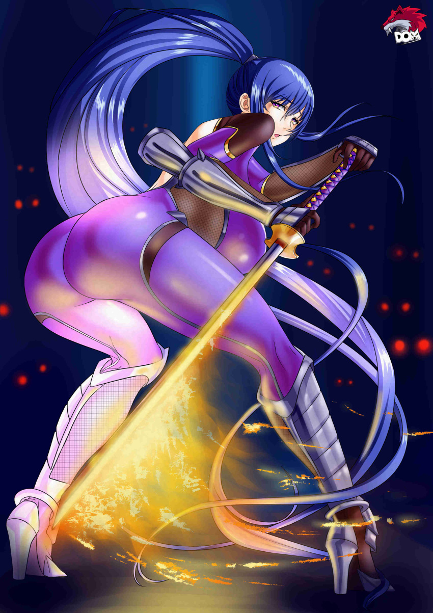 absurdres akiyama_rinko ass backless_outfit blue_hair bodysuit boots breasts daniel_ortega_mompean female flaming_sword flaming_weapon glowing glowing_eyes glowing_sword glowing_weapon high_heel_boots high_heels high_ponytail highres holding holding_sword holding_weapon katana large_breasts long_hair looking_back ninja parted_lips purple_bodysuit purple_eyes silhouette surrounded sword taimanin_(series) taimanin_suit taimanin_yukikaze very_long_hair weapon