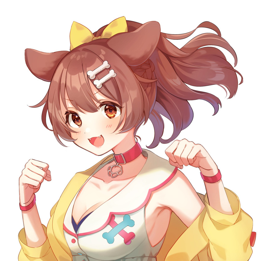 :3 :d alternate_hairstyle animal_collar animal_ears armpit_crease armpit_peek ayame_(3103942) blush bone_hair_ornament bow bracelet braid breasts brown_eyes brown_hair buttons cartoon_bone cleavage clenched_hands collar collarbone dog_ears dog_girl dog_tail dress fangs female hair_between_eyes hair_ornament hair_ribbon hairclip half_updo highres hololive inugami_korone inugami_korone_(1st_costume) jacket jewelry long_hair looking_at_viewer medium_breasts off_shoulder open_mouth ponytail red_bow red_collar ribbon side_braid sideboob simple_background smile solo tail upper_body v-shaped_eyebrows virtual_youtuber w_arms white_background white_dress wristband yellow_jacket