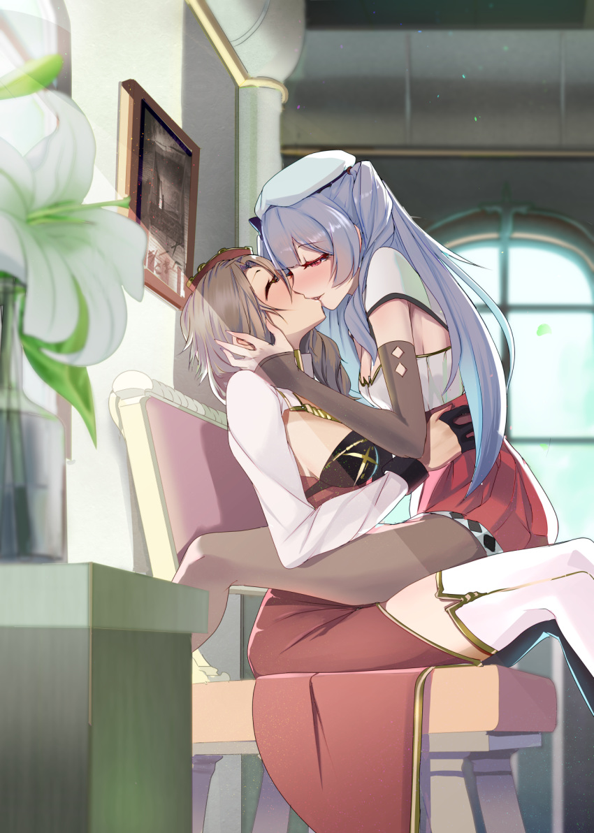 2girls ajax_(azur_lane) azur_lane capelet chair closed_eyes commentary_request commission cowboy_shot exeter_(azur_lane) flower from_side hair_over_shoulder half-closed_eyes high-waist_skirt highres indoors kissing lily_(flower) long_hair looking_at_another monobe_yuri multiple_girls pantyhose red_skirt sitting sitting_on_lap sitting_on_person skeb_commission skirt spread_legs straddling striped_clothes striped_headwear two_side_up white_capelet white_flower white_headwear window yuri