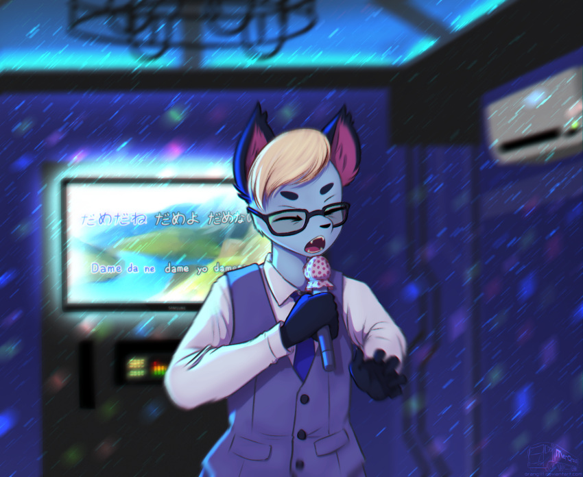 air_conditioner animal_crossing anthro arms_bent baka_mitai chromatic_aberration clothing domestic_cat electronics eyewear felid feline felis glasses hi_res inside karaoke male mammal microphone nintendo orang111 raymond_(animal_crossing) screen singing soft_focus solo suit television yakuza_(series) yelling