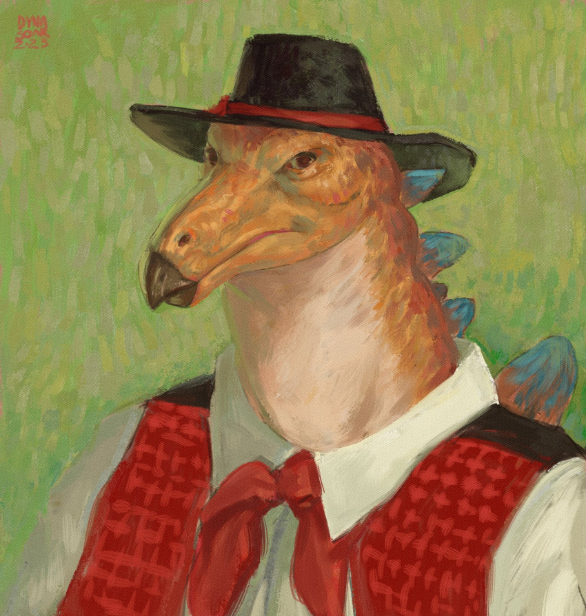 2023 anthro beak black_clothing black_hat black_headwear blue_spines brown_eyes bust_portrait clothed clothing cowboy cowboy_hat digital_media_(artwork) digital_painting_(artwork) dinosaur dyna_soar extinct farmer folk_clothes france green_background hat headgear headwear hi_res impressionist_background kerchief looking_at_viewer male markings neckerchief orange_body orange_markings ornithischian plates_(disambiguation) pointillism portrait post-impressionism prehistoric_species rancher red_clothing red_kerchief red_neckerchief red_topwear red_vest reptile scalie shirt signature simple_background solo spines stegosaurian stegosaurus three-quarter_portrait thyreophoran topwear traditional_dress vest white_clothing white_shirt white_topwear