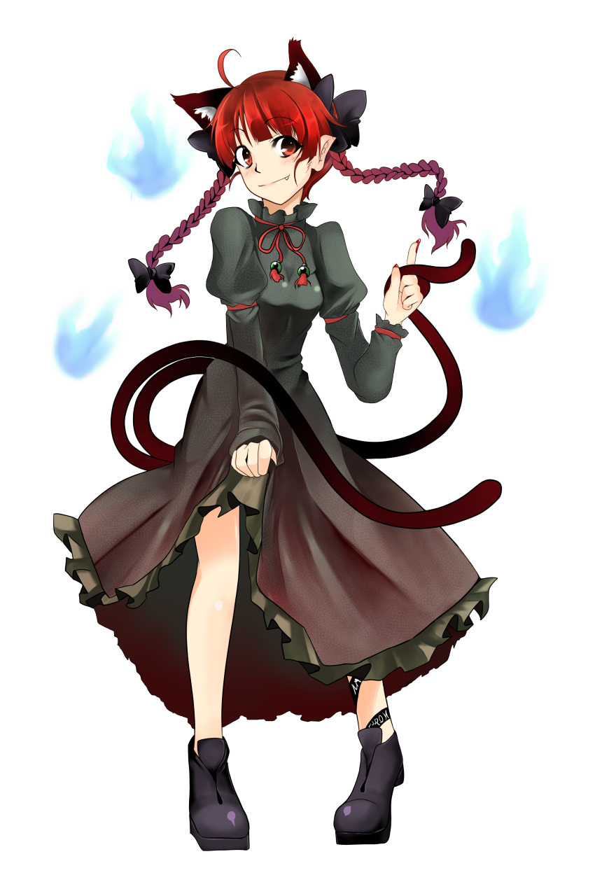 absurdres animal_ears beeno braid commentary_request dress female hair_ribbon highres kaenbyou_rin red_eyes red_hair ribbon skirt solo tail touhou twintails