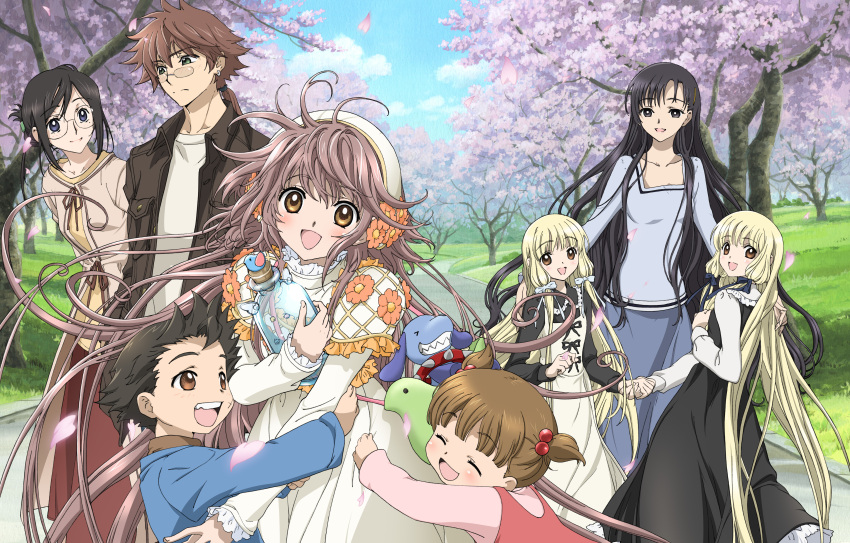 6+girls absurdres black_hair blonde_hair blush bottle bow brown_eyes brown_hair canine casual cherry_blossoms closed_eyes cloud day dress fujimoto_kiyokazu glasses green_eyes grin hair_bobbles hair_ornament hairbow hanato_kobato hat highres holding_hands imageboard_desourced ioryogi katou_hiromi kobato. lolicon long_hair marina_(kobato.) mihara_chiho mihara_chise mihara_chitose multiple_girls non-web_source okiura_sayaka open_mouth petals photoshop_(medium) ponytail purple_eyes short_hair short_twintails siblings sisters sky smile stuffed_animal stuffed_dog stuffed_toy toshihiko_(kobato.) twins twintails very_long_hair