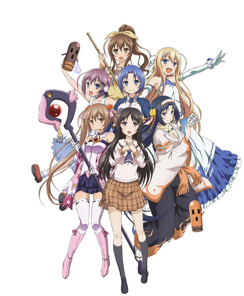 6+girls :d blue_eyes breasts brown_hair dress hair_ornament hair_ribbon higashihongan_sanae highres karama kasagi_shizuka key_visual korama kurano_kiriha large_breasts long_hair looking_at_viewer medium_breasts multiple_girls nijino_yurika official_art open_mouth orange_hair promotional_art purple_hair ribbon ribbon-trimmed_legwear ribbon_trim rokujouma_no_shinryakusha!? ruthkhania_nye_pardomshiha sakuraba_harumi short_hair smile staff theiamillis_gre_fortorthe wavy_mouth white_dress