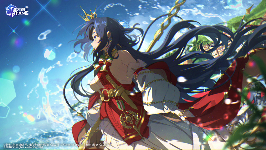 azur_lane blue_hair blue_sky bow breasts chains cloud commentary crown dagger day dress earrings female highres jewelry kagura_kurosaki knife long_hair looking_away looking_up medium_breasts official_art outdoors parted_lips roma_(azur_lane) second-party_source simple_background sky solo water water_drop weapon