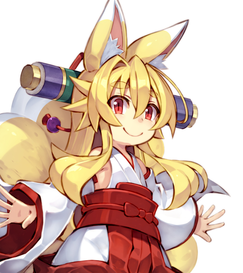 aged_down animal_ear_fluff animal_ears blonde_hair detached_sleeves female flat_chest fox_ears fox_girl hair_between_eyes hakama highres izuna_(shinrabanshou) japanese_clothes kimono kitsune long_hair looking_at_viewer miko outstretched_arms red_eyes red_hakama saru_000 shinrabanshou simple_background smile solo white_background white_sleeves wide_sleeves