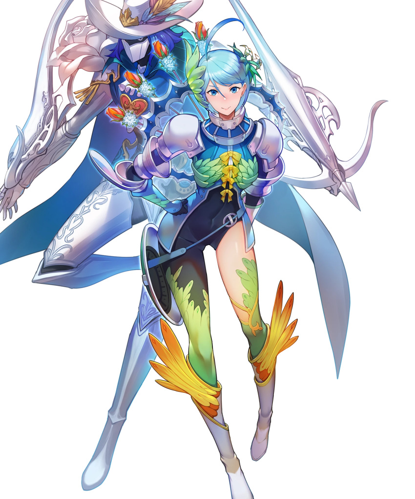 ahoge arm_mounted_weapon armor armored_boots arrow_(projectile) blue_eyes blue_hair boots bow bowtie crossbow earrings feathers female fire_emblem fire_emblem_heroes flower full_body gloves hair_ornament hat highres jewelry kakage leaf official_art quiver thighhighs tokyo_mirage_sessions_fe transparent_background virion_(fire_emblem) weapon yumizuru_eleanora