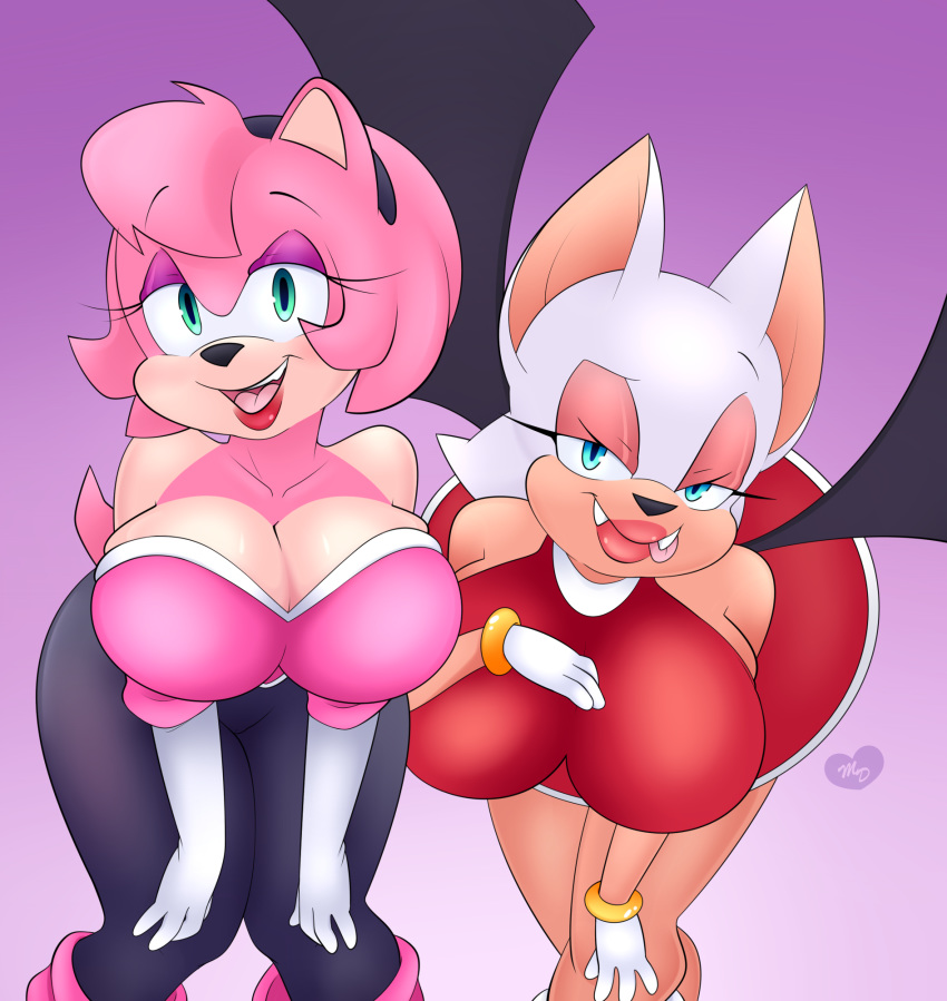 alternate_costume amy_rose anthro bat bent_arm bent_over big_breasts breasts cleavage clothed clothing clothing_swap cosplay duo eulipotyphlan extended_arm extended_arms fangs female half-closed_eyes hand_on_breast hand_on_knee hand_on_leg hand_on_own_breast hand_on_own_knee hand_on_own_leg hands_on_knees hands_on_legs hands_on_own_knees hands_on_own_legs heart_symbol hedgehog hi_res holding_both_knees holding_both_legs holding_knee holding_leg knees_together knock-kneed leaning_on_self leaning_over licking licking_lips looking_at_viewer mammal minxydoodle narrowed_eyes open_mouth raised_hand rouge_the_bat seductive sega sonic_the_hedgehog_(series) teeth tongue tongue_out touching_breast touching_own_breast wings