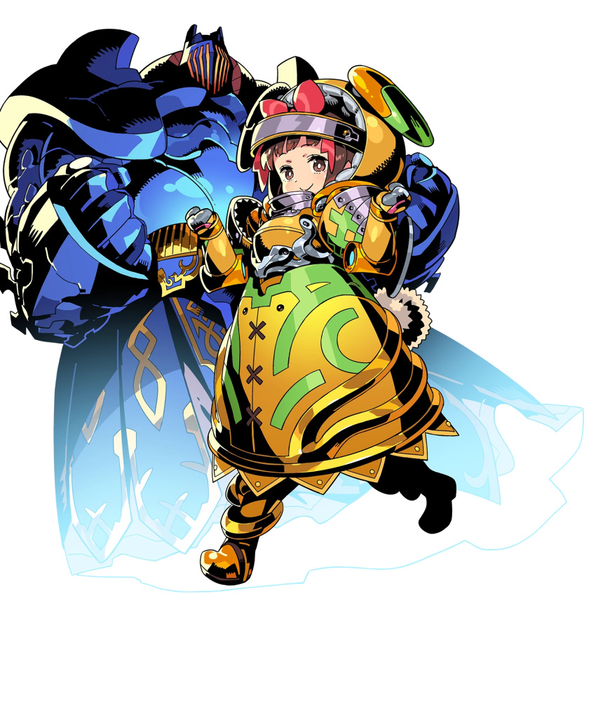 armor armored_boots axe boots bow braid brown_eyes draug_(fire_emblem) female fire_emblem fire_emblem_heroes full_body gloves helmet highres himukai_yuuji long_hair minamoto_mamori official_art tokyo_mirage_sessions_fe transparent_background twin_braids