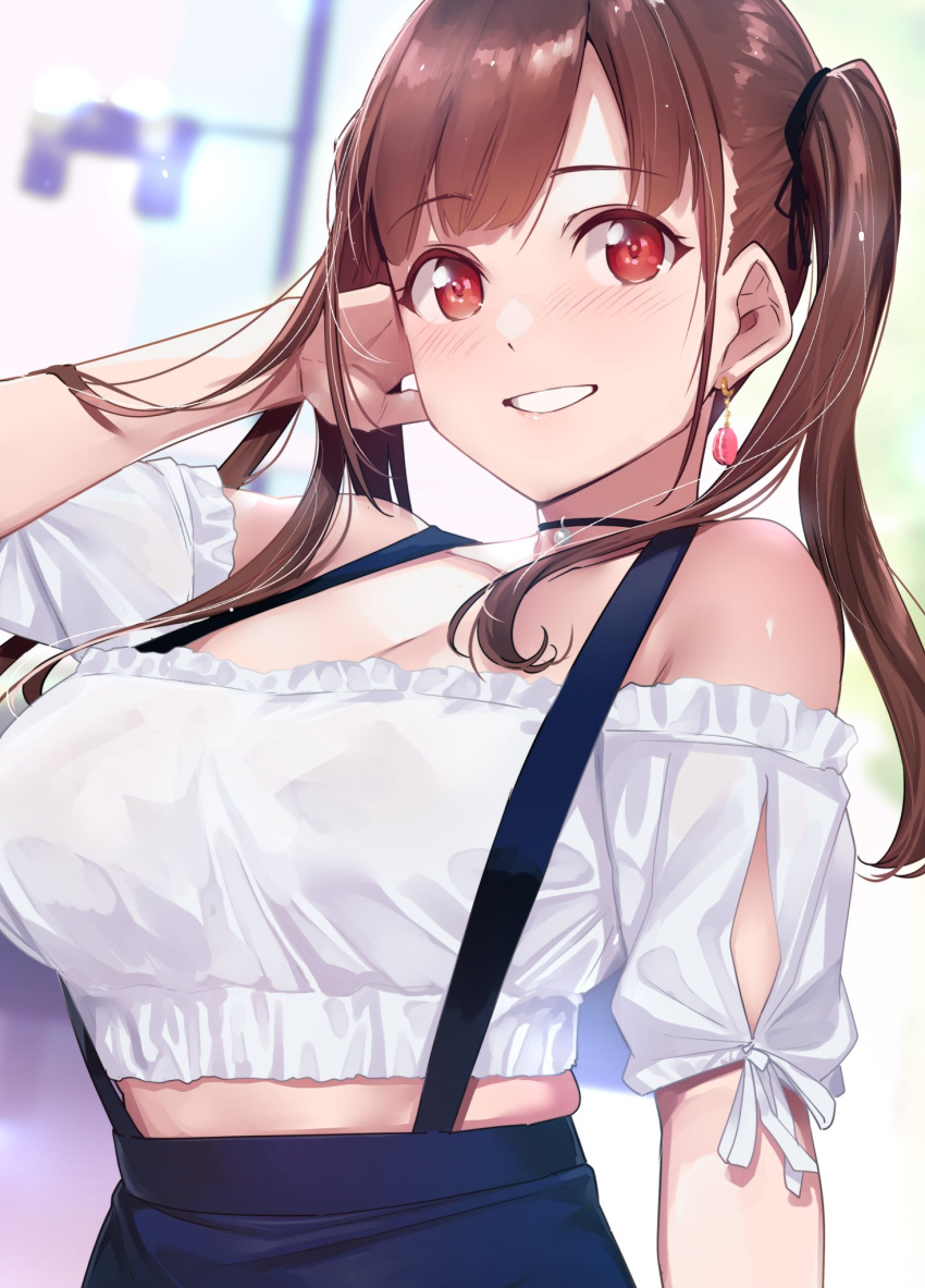 black_choker blurry blurry_background blush breasts brown_hair choker cleavage commentary_request earrings female highres idolmaster idolmaster_shiny_colors jewelry large_breasts long_hair looking_at_viewer off-shoulder_shirt off_shoulder parted_lips shirt smile solo sonoda_chiyoko suspenders tomohiro_kai twintails white_shirt