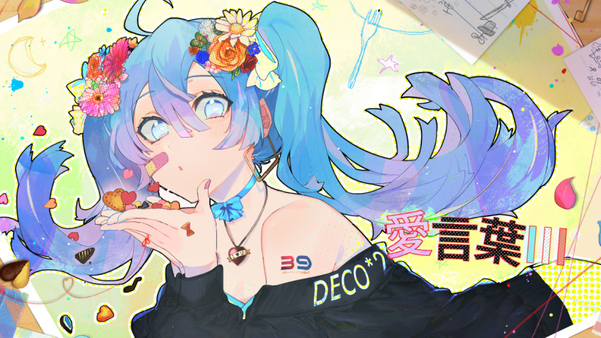 39 :o ahoge ai_kotoba_iii_(vocaloid) bandaid bandaid_on_face bare_shoulders black_sweater blowing blue_bow blue_eyes blue_flower blue_hair blue_nails blush bow bow_choker casual clothes_writing clover clover_(flower) commentary creator_name crescent_moon daisy eighth_note female flower fork four-leaf_clover gradient_hair hair_between_eyes hair_flower hair_ornament hassan_(sink916) hatsune_miku heart heart_necklace heart_of_string holding jewelry long_hair long_sleeves looking_at_viewer lying moon multicolored_hair multicolored_nails musical_note nail_polish necklace number_tattoo off-shoulder_sweater off_shoulder official_art on_stomach orange_flower orange_rose own_hands_together paper parted_lips pendant pentagram petals pink_flower pink_hair pink_nails red_flower red_ribbon red_rose ribbon rose shorts shoulder_tattoo solo song_name splatter string string_of_fate sweater tattoo translated twintails vocaloid white_flower yellow_shorts