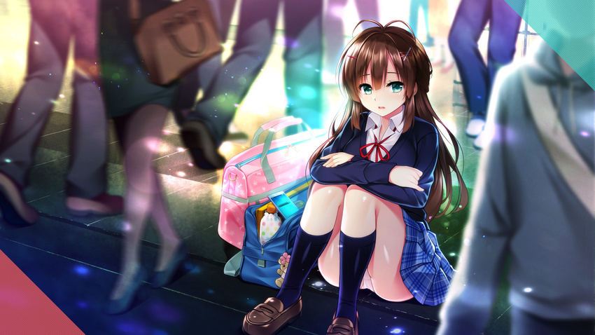 antenna_hair bag black_socks blue_legwear blue_skirt blue_sweater brown_footwear brown_hair female floating_hair green_eyes hair_between_eyes highres ikura_nagisa kami_machi_sana-chan long_hair looking_at_viewer miniskirt neck_ribbon panties pantyshot pleated_skirt red_ribbon ribbon school_bag shiny_skin shirt shoes sitting skirt socks solo_focus sweater takao_sana underwear very_long_hair white_panties white_shirt