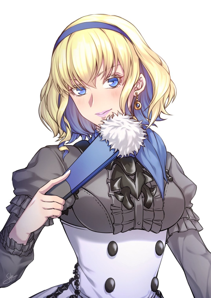 blonde_hair blue_eyes blue_hairband closed_mouth colored_inner_hair commentary_request constance_von_nuvelle earrings female fire_emblem fire_emblem:_three_houses garreg_mach_monastery_uniform hairband hand_fan highres holding jewelry lipstick long_sleeves makeup multicolored_hair purple_hair purple_lips short_hair sieka_(piiroinardesco) solo two-tone_hair uniform upper_body