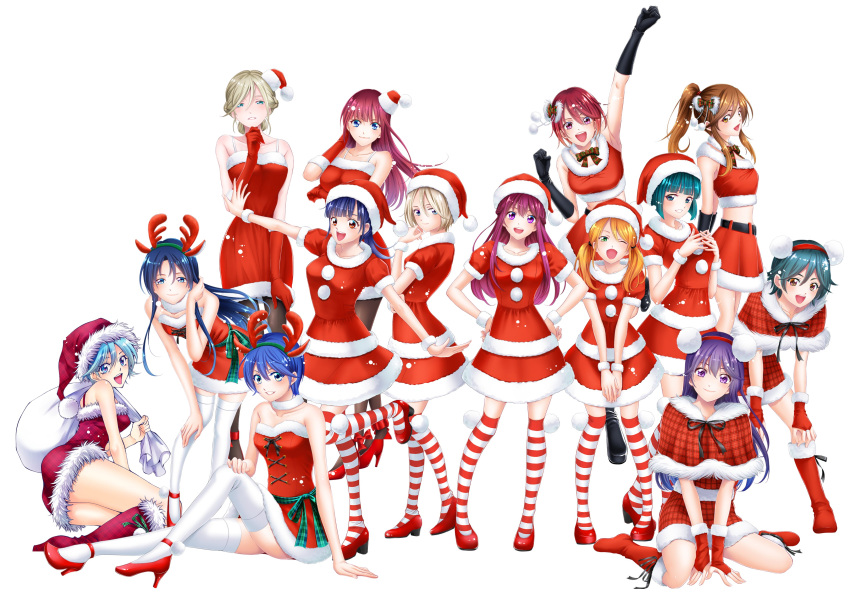 6+girls :d ;d absurdres akitsuki_fuuka antlers aoi_fuuka aqua_hair armpits asahina_suzuka bag bare_arms belt black_belt black_gloves black_legwear black_ribbon blonde_hair blue_eyes boots breast_press breasts bridal_gauntlets brown_eyes brown_hair capelet character_request christmas collarbone crop_top crossed_arms dress eba_yuzuki elbow_gloves fake_antlers floating_hair full_body fur-trimmed_boots fur-trimmed_capelet fur-trimmed_dress fur-trimmed_gloves fur-trimmed_headwear fur-trimmed_jacket fur-trimmed_skirt fur_trim fuuka gift_bag gloves green_eyes green_hairband grey_hair hair_between_eyes hair_tubes hairband hand_in_own_hair hand_on_own_knee hands_on_own_hips hands_on_own_knees haruna_yuu hat high_heels highres hitman_(seo_kouji) holding holding_bag horns hououji_akane iwami_sara jacket jeanne_louise_michelle kimi_no_iru_machi knee_boots koyuki_hinashi leaning_forward long_hair looking_at_viewer makuzawa_ouka medium_breasts megami_no_kafeterasu midriff mini_hat miniskirt mishima_asuka multiple_girls official_art one_eye_closed ono_shiragiku pantyhose plaid_capelet ponytail pumps purple_eyes purple_hair red_capelet red_dress red_eyes red_footwear red_gloves red_hair red_headwear red_jacket red_skirt reindeer_antlers ribbon sakurai_honoka santa_boots santa_gloves santa_hat scrunchie seo_kouji short_dress short_hair short_sleeves simple_background skirt smile strapless strapless_dress striped_clothes striped_thighhighs suzuka takanashi_tsubasa_(hitman) thighhighs tsukishima_riho tsuruga_ami twintails very_long_hair white_background white_legwear white_scrunchie wrist_scrunchie zettai_ryouiki