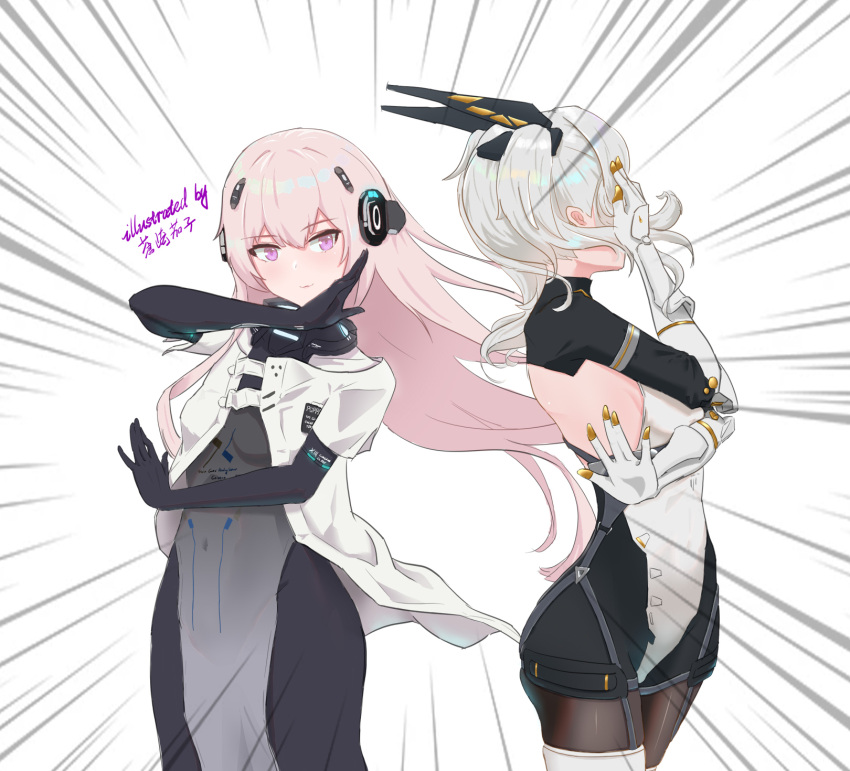 2girls artist_name black_bodysuit black_pantyhose bodysuit closed_mouth grey_hair hair_between_eyes hair_ornament headgear headphones highres jojo_pose karenina:_scire_(punishing:_gray_raven) karenina_(punishing:_gray_raven) mechanical_arms meme multiple_girls pantyhose pink_hair punishing:_gray_raven purple_eyes science_fiction signature steins;gate teddy_(punishing:_gray_raven) xyt1843