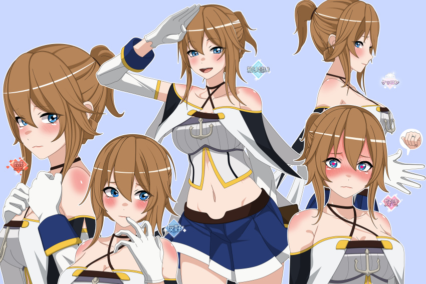 :d arm_up azur_lane bare_shoulders blue_background blue_capelet blue_eyes blue_skirt blush breasts brown_hair capelet closed_mouth collarbone commentary cowboy_shot criss-cross_halter crop_top detached_sleeves en_go_(kuro_nigiri) female full-face_blush gloves groin hair_between_eyes halterneck hands_up hat heart heart-shaped_pupils highres jewelry large_breasts looking_at_viewer looking_away midriff mini_hat miniskirt multiple_views navel nose_blush open_mouth pleated_skirt ponytail progression repulse_(azur_lane) ring salute shirt short_hair sidelocks simple_background skirt sleeveless sleeveless_shirt smile standing symbol-shaped_pupils upper_body wavy_mouth wedding_ring white_gloves white_shirt white_sleeves