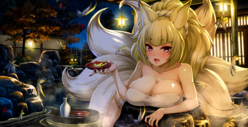 animal_ears architecture autumn_leaves bathing blonde_hair blush breast_rest breasts building choko_(cup) cleavage cup east_asian_architecture female fox_ears fox_tail kayou_(sennen_sensou_aigis) large_breasts long_hair looking_at_viewer lying mole mole_on_breast multiple_tails naked_towel night on_stomach onsen open_mouth outdoors partially_submerged red_eyes rock sennen_sensou_aigis solo tail tokkuri torigoe_takumi towel water