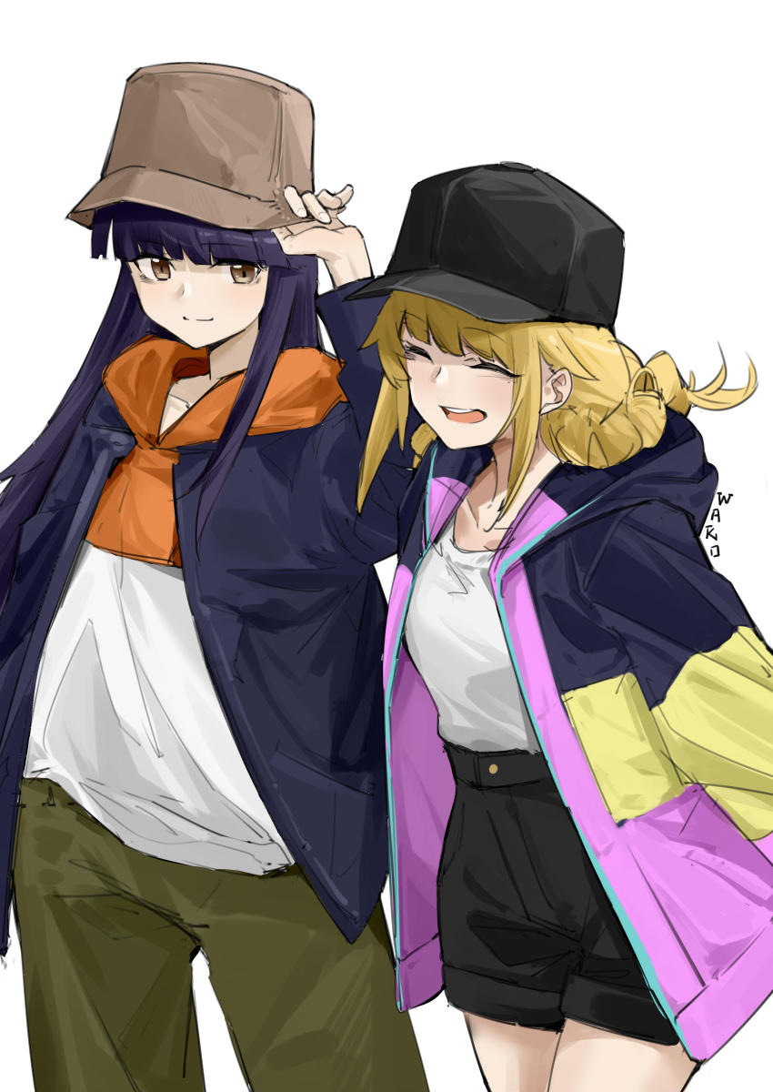 2girls absurdres adjusting_clothes adjusting_headwear artist_name baseball_cap belt black_shorts blonde_hair blue_hair blue_jacket braid brown_eyes brown_headwear closed_eyes dark_blue_hair green_pants hat highres hood hoodie jacket kuon_nanami long_hair long_sleeves multicolored_clothes multicolored_hoodie multicolored_jacket multiple_girls pants paripi_koumei shirt shorts signature simple_background smile tsukimi_eiko twin_braids wako_(1194433260) white_background white_shirt