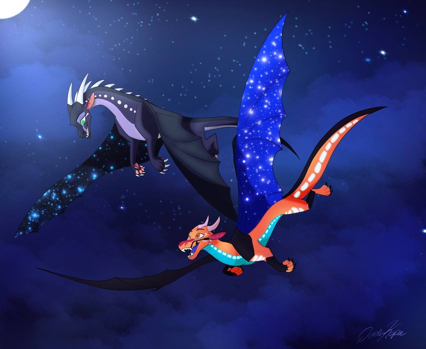 dragon draven_(dravendergen) duo female feral flying happy hybrid male male/female moonwatcher_(wof) mudwing_(wof) mythological_creature mythological_scalie mythology nightwing_(wof) queenkopa scalie seawing_(wof) tail wings_of_fire