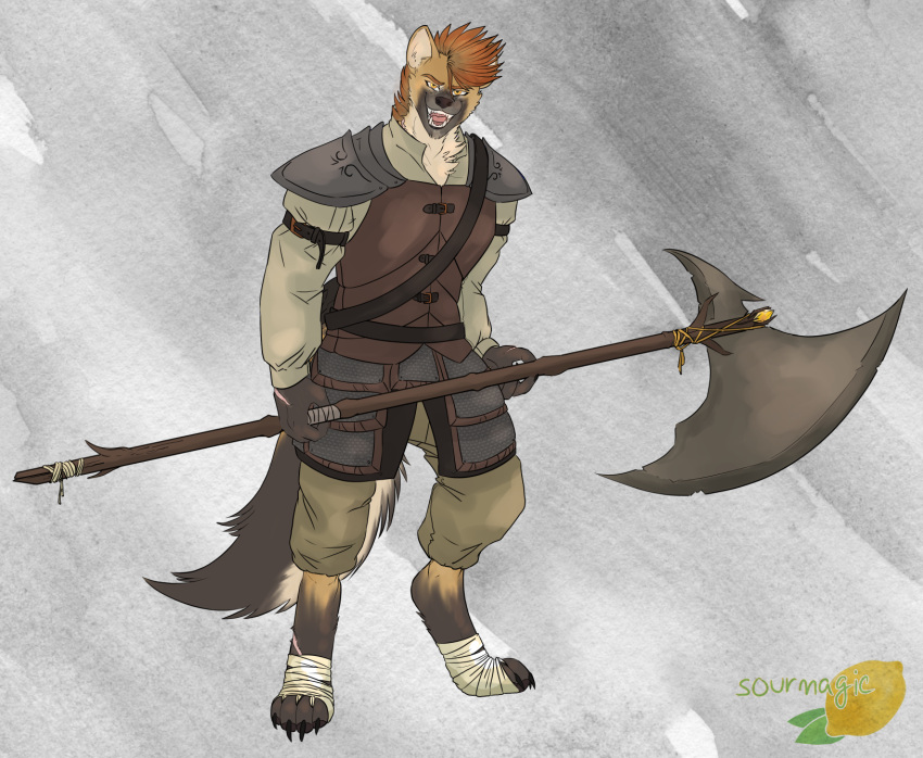 anthro armor axe belt bottomwear breastplate claws clothing fluffy fluffy_tail greying_hair hair hi_res hyena leather light_armor male mammal medieval medieval_clothing melee_weapon mohawk orange_hair pants pawpads paws scar shirt smile solo sourmagic tail teeth topwear warrior weapon wraps yellow_eyes