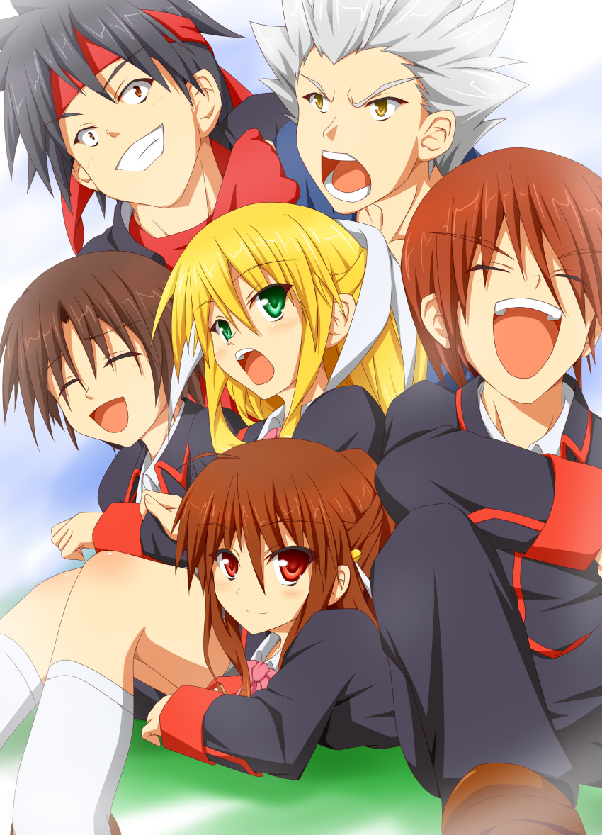 2girls 4boys absurdres black_hair blonde_hair brown_hair commentary_request green_eyes headband highres inohara_masato japanese_clothes laughing little_busters! long_hair micchan miyazawa_kengo multiple_boys multiple_girls naoe_riki natsume_kyousuke natsume_rin red_eyes school_uniform short_hair tokido_saya twintails